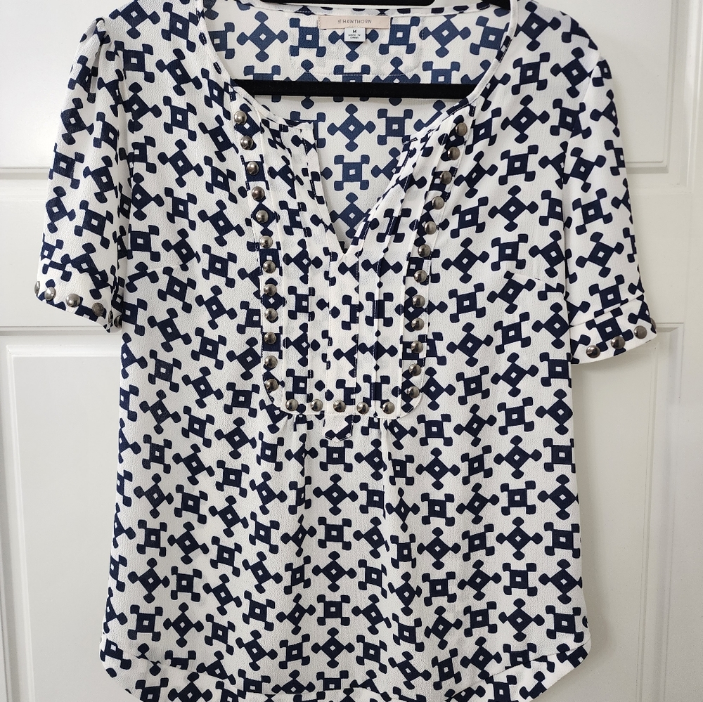 ! 41 Hawthorn Blue & White Stitch Fix Moni Pleated Bib Short Sleeve Top Size M ! - Picture 1 of 5